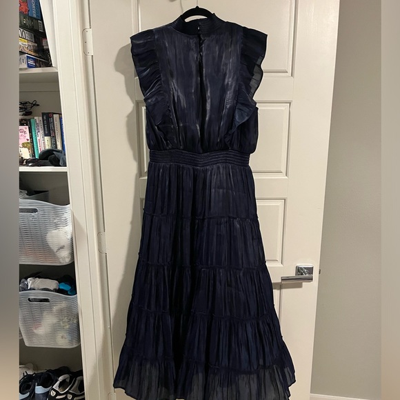 Lulus XL Take a Glance Navy Blue Tiered Mock Neck Midi Dress - Picture 8 of 9